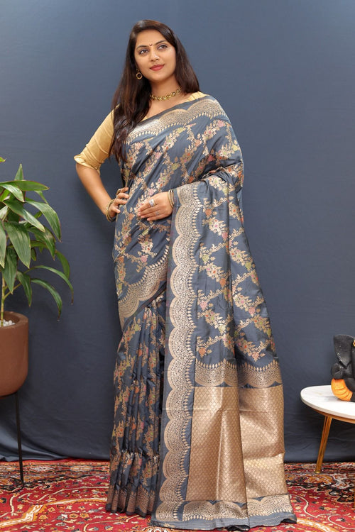 Load image into Gallery viewer, Impressive Grey Soft Banarasi Silk Saree With Appealing Blouse Piece
