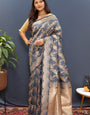 Impressive Grey Soft Banarasi Silk Saree With Appealing Blouse Piece