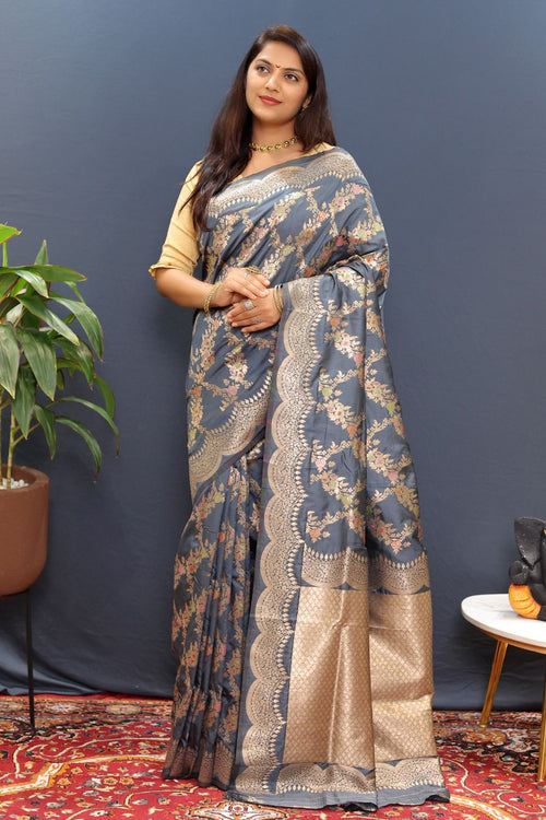 Load image into Gallery viewer, Impressive Grey Soft Banarasi Silk Saree With Appealing Blouse Piece
