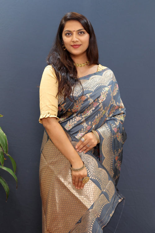 Load image into Gallery viewer, Impressive Grey Soft Banarasi Silk Saree With Appealing Blouse Piece
