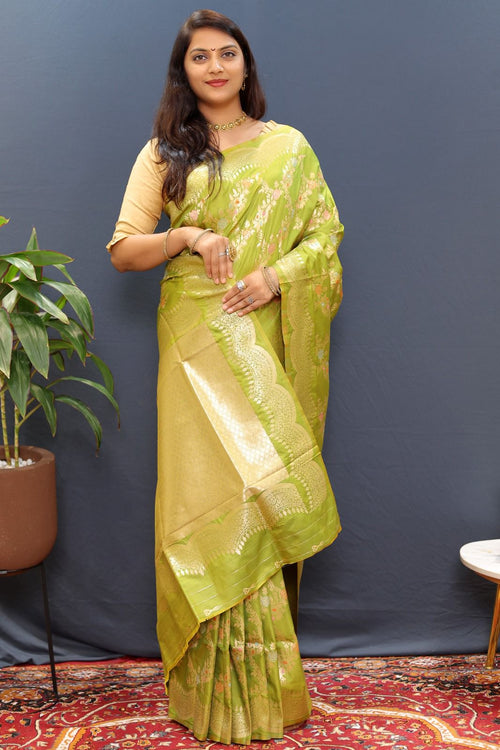 Load image into Gallery viewer, Appealing Mehndi Soft Banarasi Silk Saree With Majesty Blouse Piece
