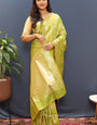 Appealing Mehndi Soft Banarasi Silk Saree With Majesty Blouse Piece