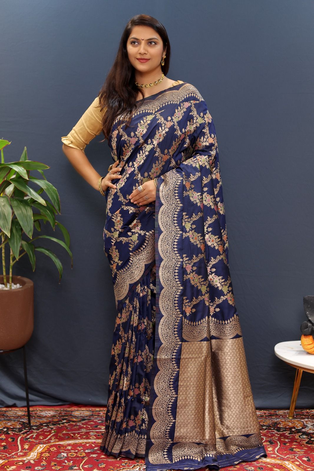 Glorious Navy Blue Soft Banarasi Silk Saree With Bewitching Blouse Piece