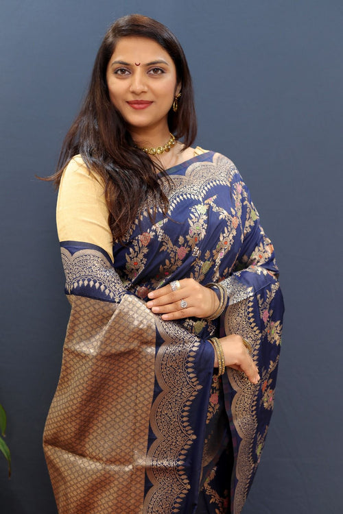 Load image into Gallery viewer, Glorious Navy Blue Soft Banarasi Silk Saree With Bewitching Blouse Piece
