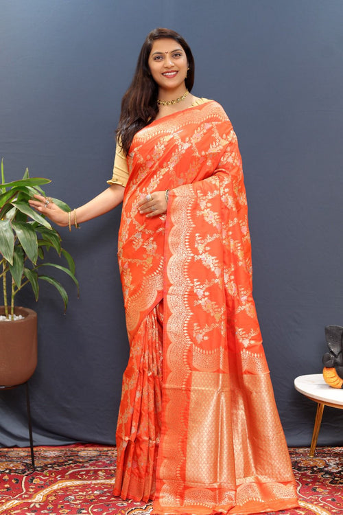 Load image into Gallery viewer, Chatoyant Peach Soft Banarasi Silk Saree With Desuetude Blouse Piece
