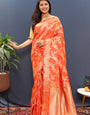 Chatoyant Peach Soft Banarasi Silk Saree With Desuetude Blouse Piece