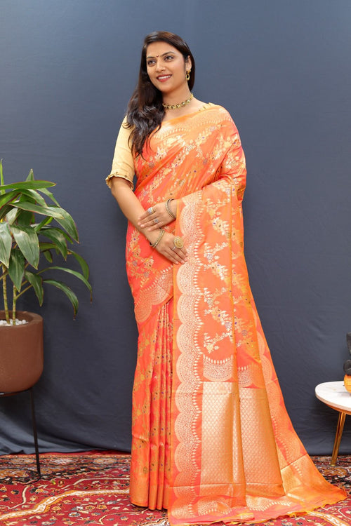 Load image into Gallery viewer, Chatoyant Peach Soft Banarasi Silk Saree With Desuetude Blouse Piece
