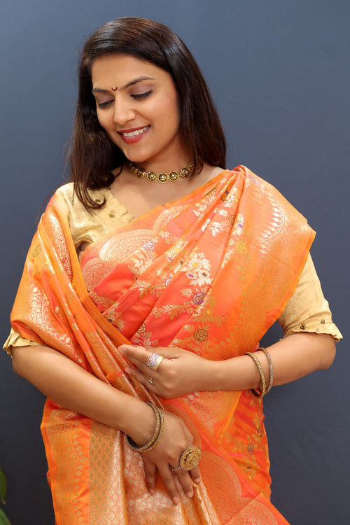 Load image into Gallery viewer, Chatoyant Peach Soft Banarasi Silk Saree With Desuetude Blouse Piece
