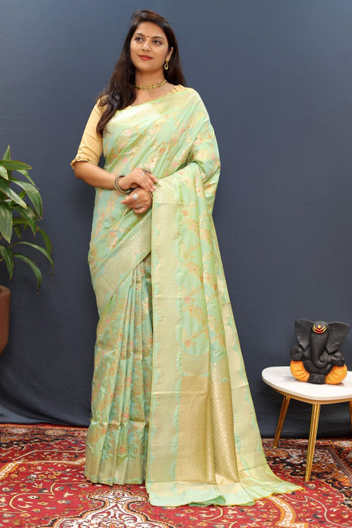 Load image into Gallery viewer, Gossamer Pista Soft Banarasi Silk Saree With Lassitude Blouse Piece
