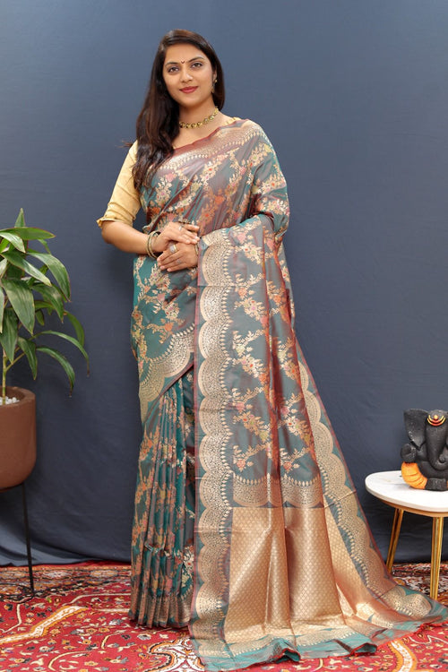 Load image into Gallery viewer, Murmurous Rama Soft Banarasi Silk Saree With Propinquity Blouse Piece
