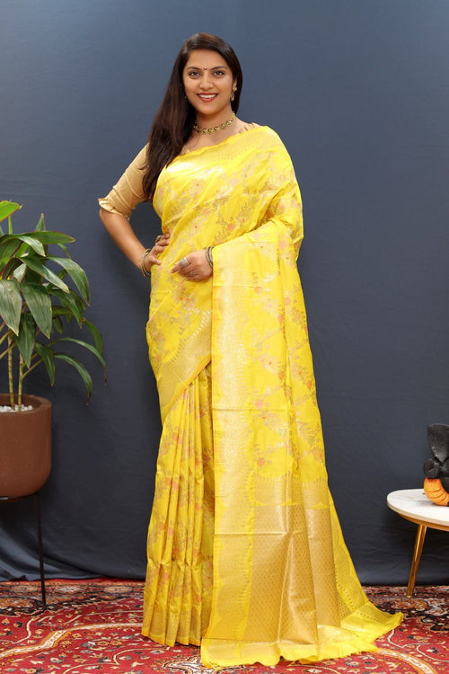 Load image into Gallery viewer, Delectable Yellow Soft Banarasi Silk Saree With Pleasurable Blouse Piece
