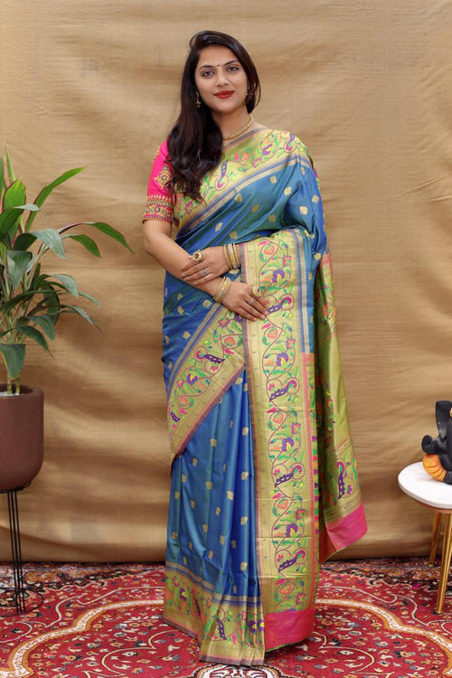 Load image into Gallery viewer, Flattering Blue Paithani Silk Saree With Wonderful Blouse Piece
