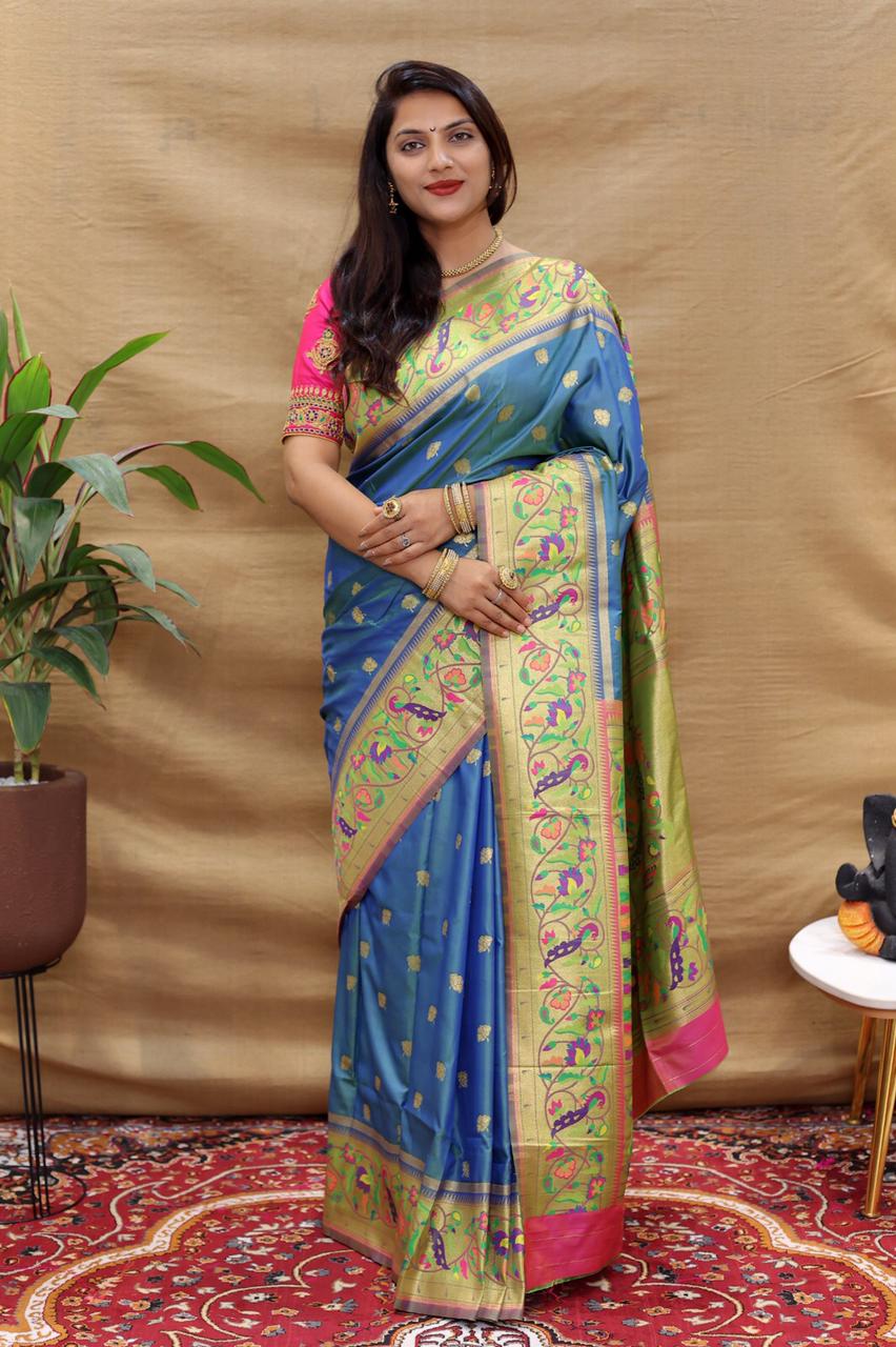 Flattering Blue Paithani Silk Saree With Wonderful Blouse Piece