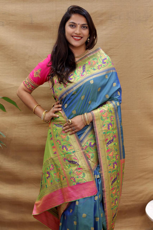 Load image into Gallery viewer, Flattering Blue Paithani Silk Saree With Wonderful Blouse Piece
