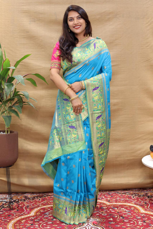 Load image into Gallery viewer, Sizzling Firozi Paithani Silk Saree With Smart Blouse Piece
