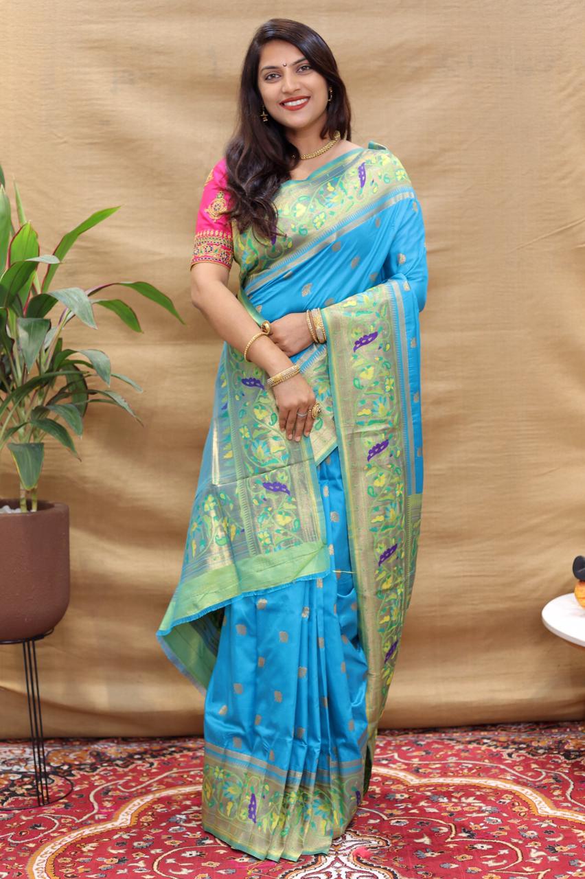 Sizzling Firozi Paithani Silk Saree With Smart Blouse Piece