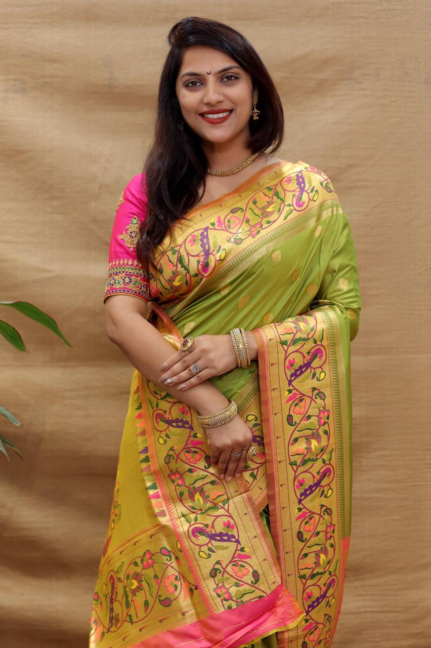 Outstanding Green Paithani Silk Saree With Appealing Blouse Piece