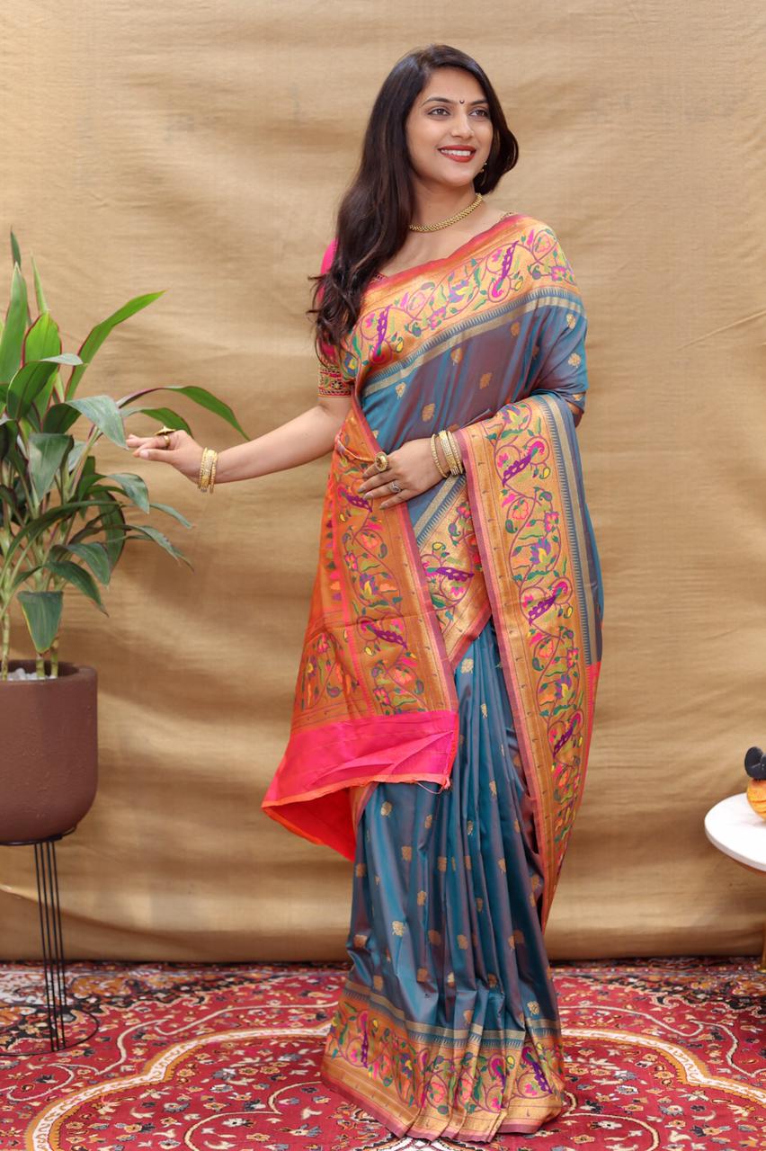 Pleasant Grey Paithani Silk Saree With Excellent Blouse Piece