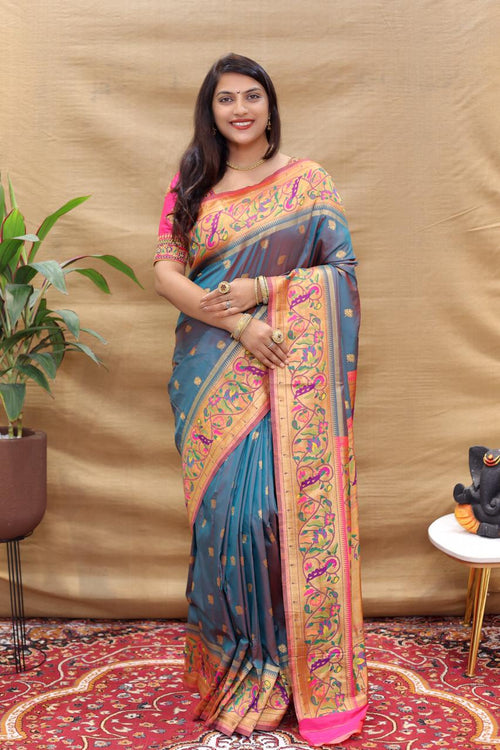 Load image into Gallery viewer, Pleasant Grey Paithani Silk Saree With Excellent Blouse Piece
