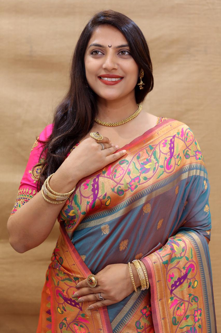 Pleasant Grey Paithani Silk Saree With Excellent Blouse Piece
