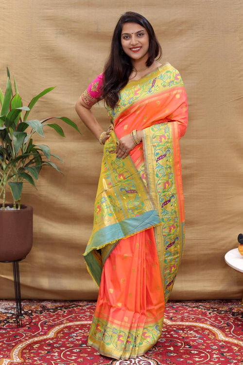 Load image into Gallery viewer, Demesne Peach Paithani Silk Saree With Forbearance Blouse Piece
