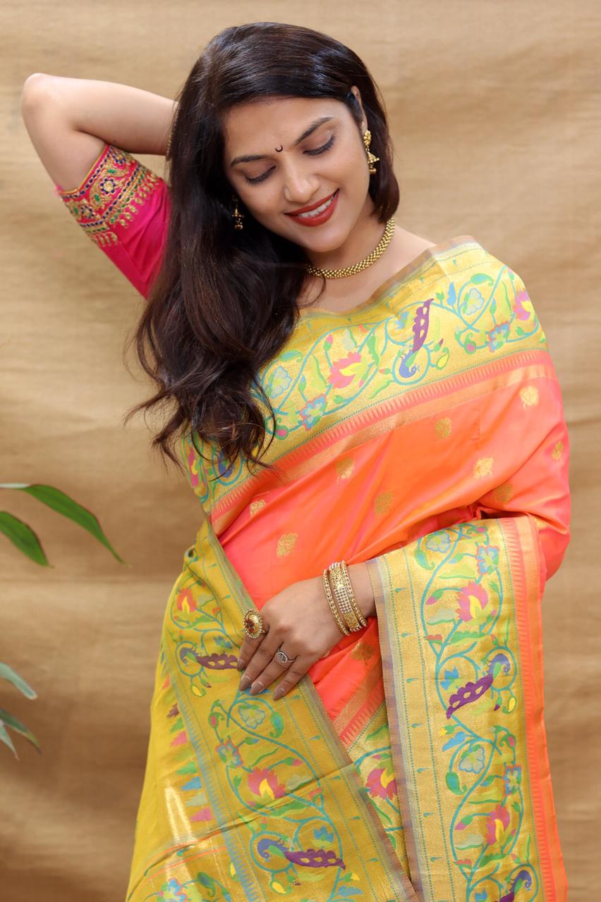 Demesne Peach Paithani Silk Saree With Forbearance Blouse Piece