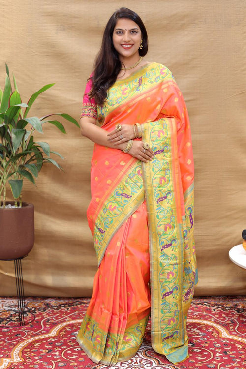 Load image into Gallery viewer, Demesne Peach Paithani Silk Saree With Forbearance Blouse Piece
