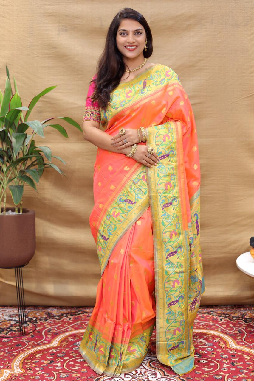 Demesne Peach Paithani Silk Saree With Forbearance Blouse Piece