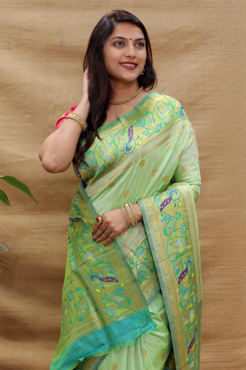 Serendipity Pista Paithani Silk Saree With Snazzy Blouse Piece