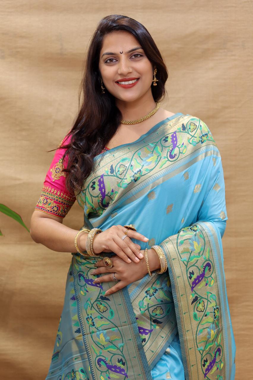 Magnetic Sky Paithani Silk Saree With Fantabulous Blouse Piece