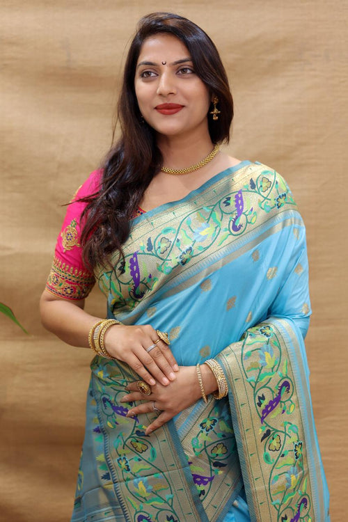Load image into Gallery viewer, Magnetic Sky Paithani Silk Saree With Fantabulous Blouse Piece
