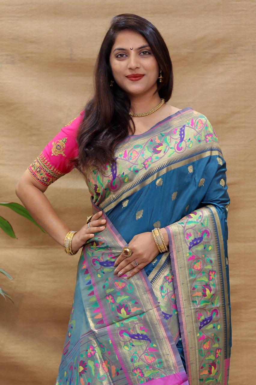 Staggering Teal Blue Paithani Silk Saree With Petrichor Blouse Piece