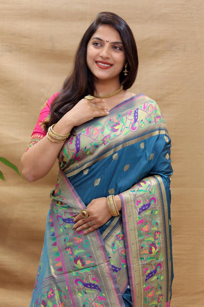Staggering Teal Blue Paithani Silk Saree With Petrichor Blouse Piece