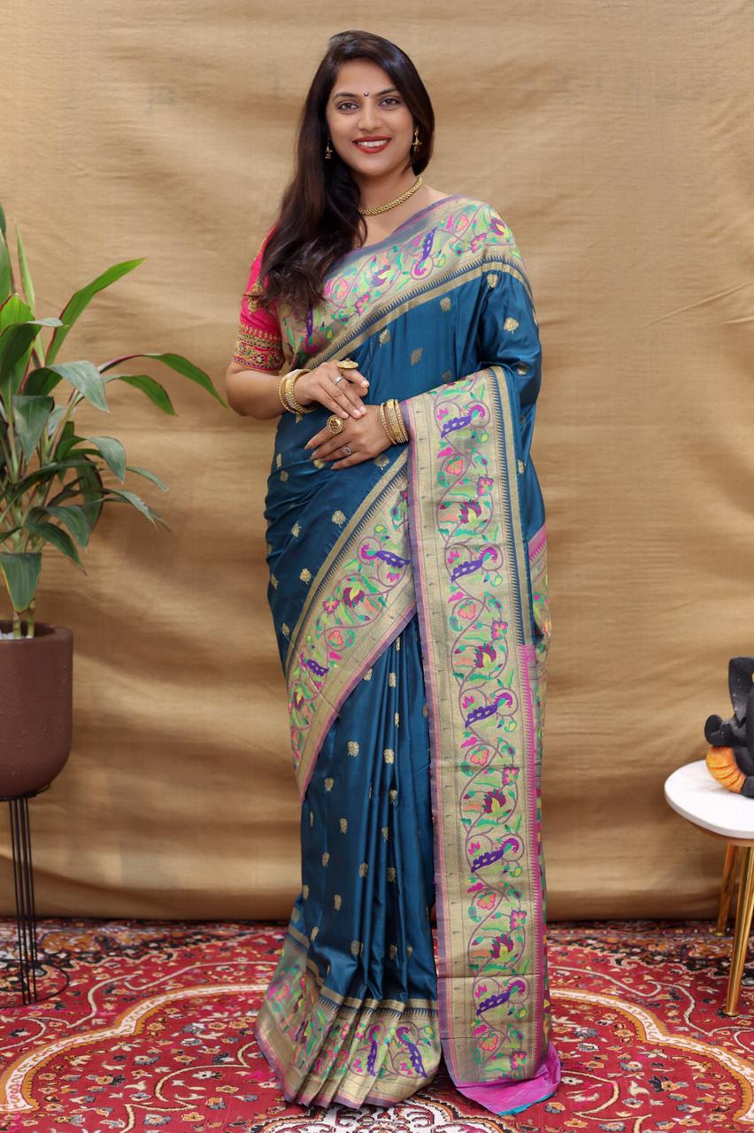 Staggering Teal Blue Paithani Silk Saree With Petrichor Blouse Piece