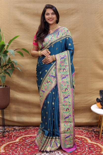 Staggering Teal Blue Paithani Silk Saree With Petrichor Blouse Piece