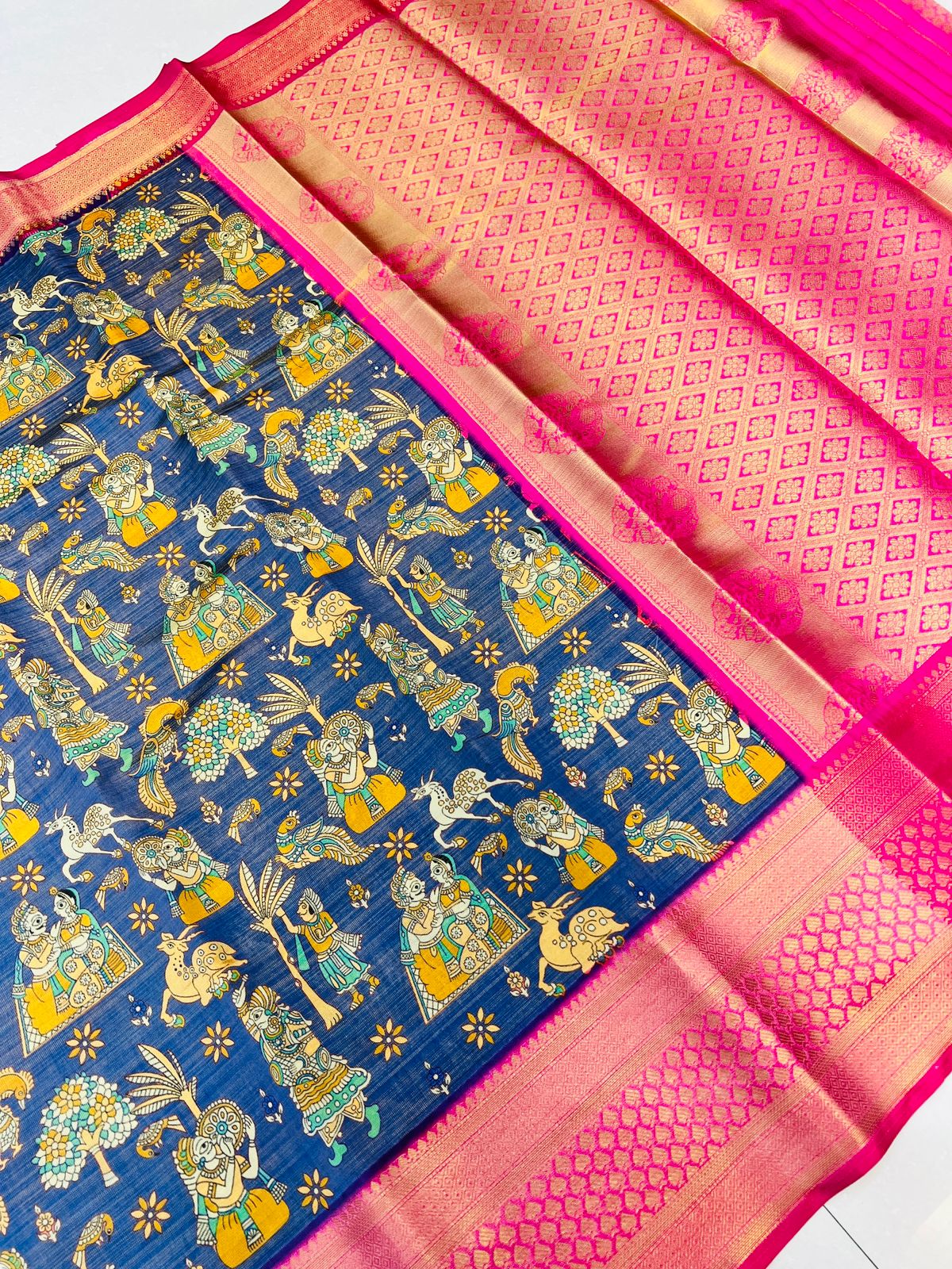 Effervescent Royal Blue Kalamkari Printed Saree With Lassitude Blouse Piece