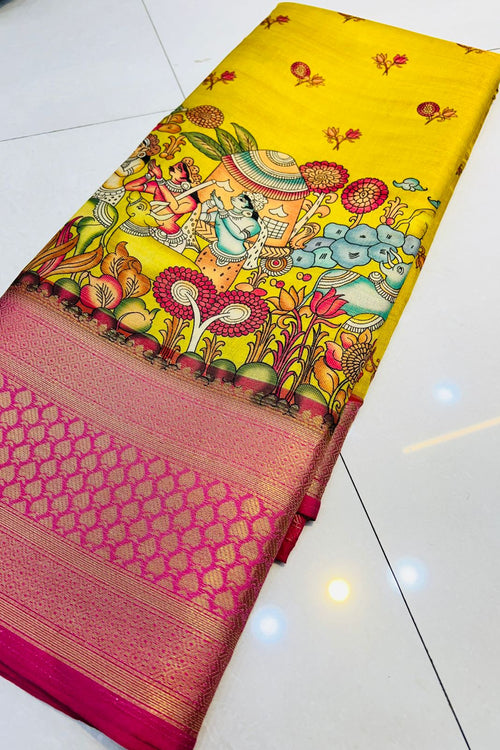 Load image into Gallery viewer, Ratatouille Yellow Kalamkari Printed Saree With Redolent Blouse Piece
