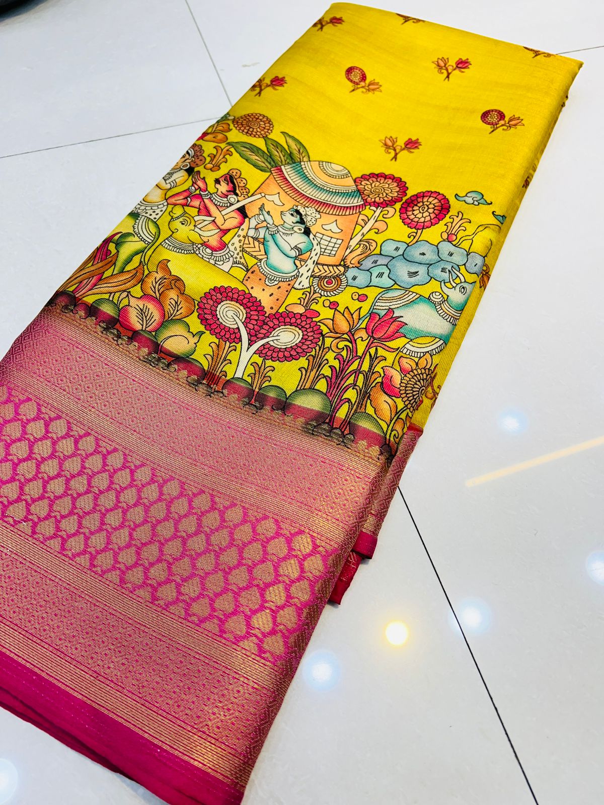 Ratatouille Yellow Kalamkari Printed Saree With Redolent Blouse Piece