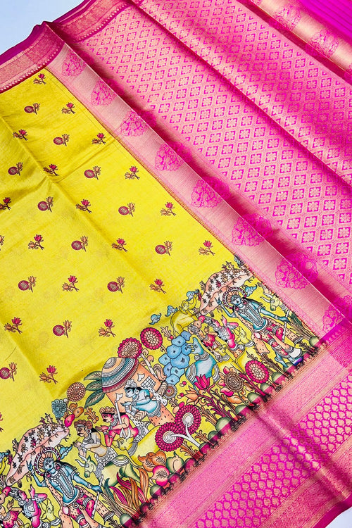 Load image into Gallery viewer, Ratatouille Yellow Kalamkari Printed Saree With Redolent Blouse Piece
