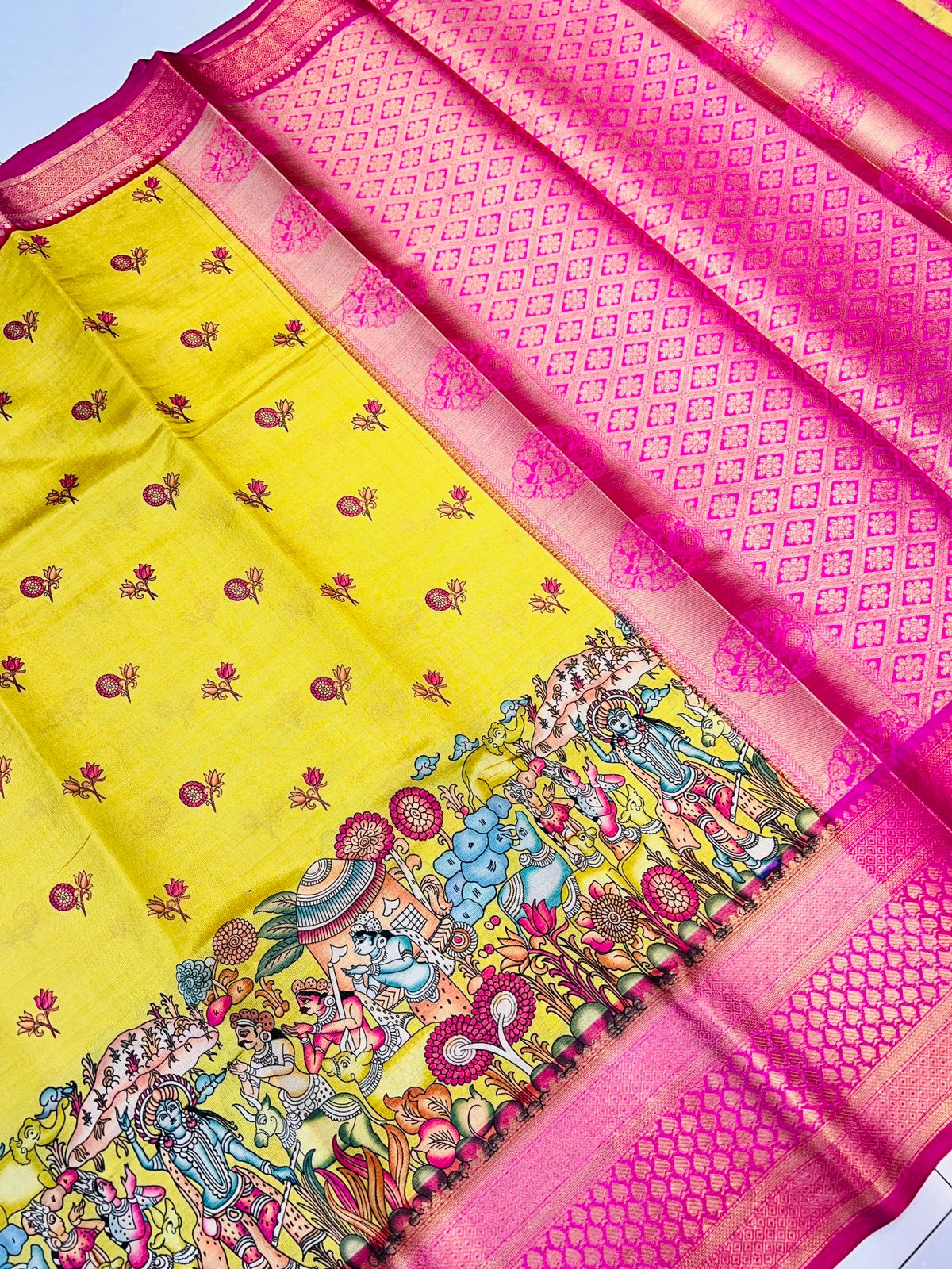 Ratatouille Yellow Kalamkari Printed Saree With Redolent Blouse Piece