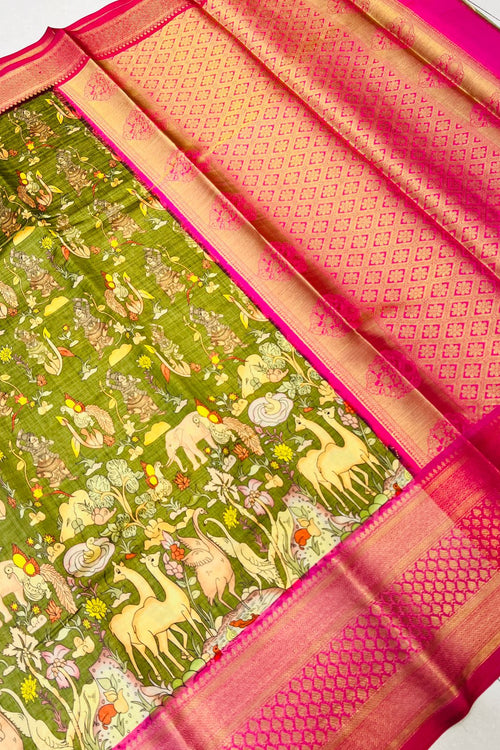 Load image into Gallery viewer, Woebegone Mehandi Kalamkari Printed Saree With Engaging Blouse Piece
