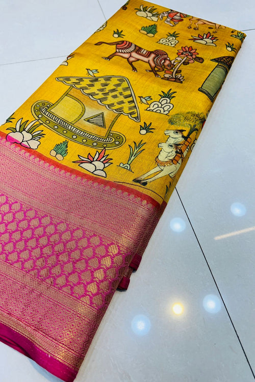 Load image into Gallery viewer, Vestigial Yellow Kalamkari Printed Saree With Redolent Blouse Piece
