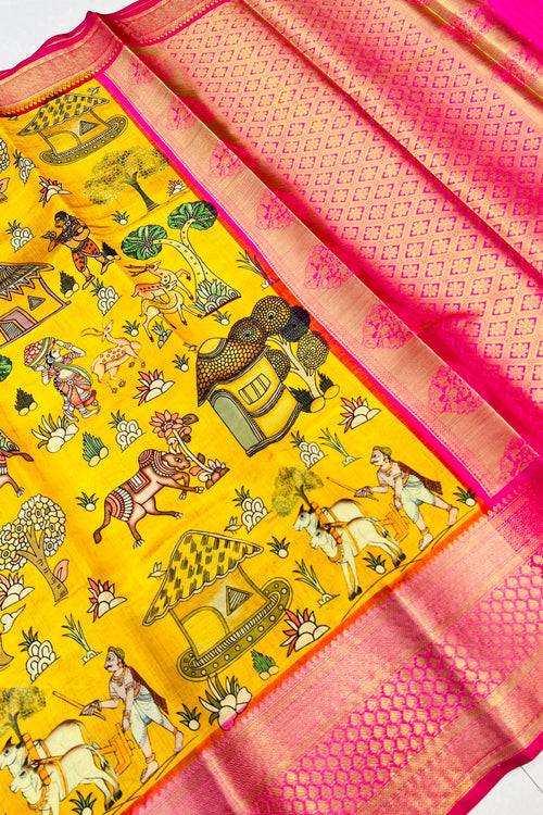 Load image into Gallery viewer, Vestigial Yellow Kalamkari Printed Saree With Redolent Blouse Piece
