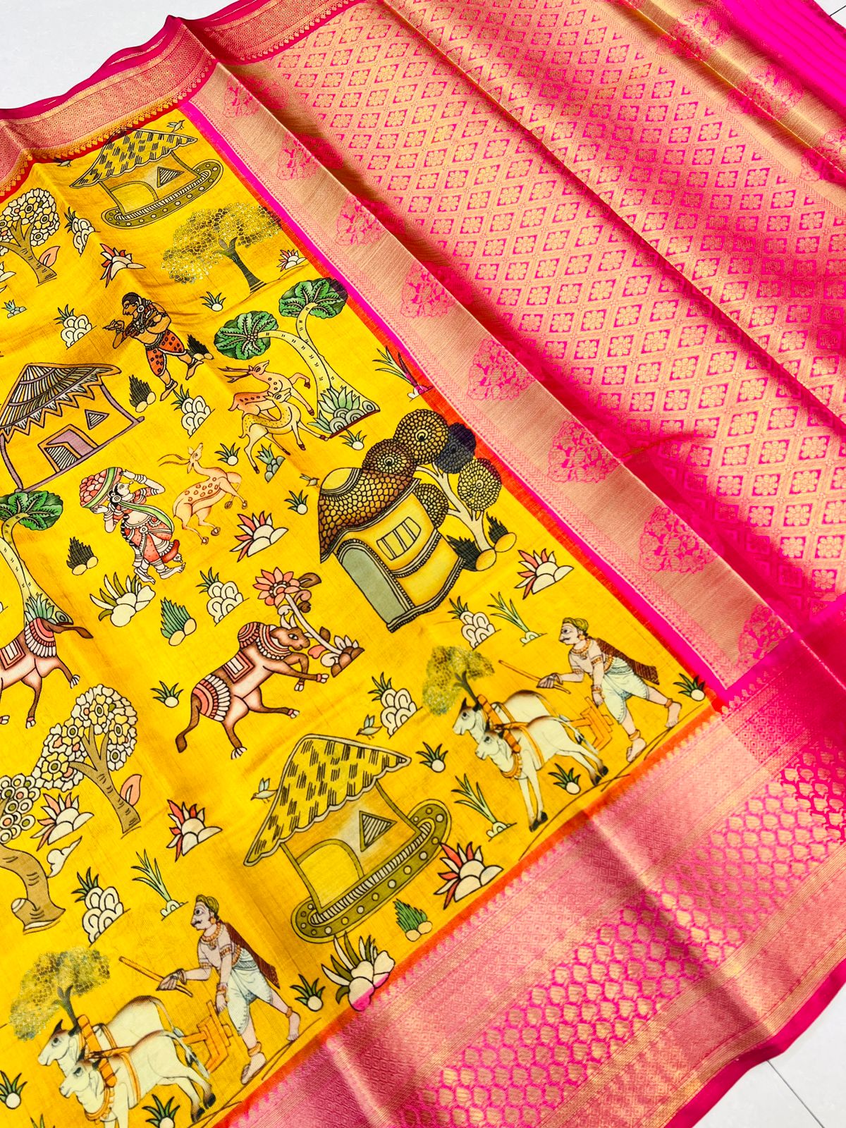 Vestigial Yellow Kalamkari Printed Saree With Redolent Blouse Piece