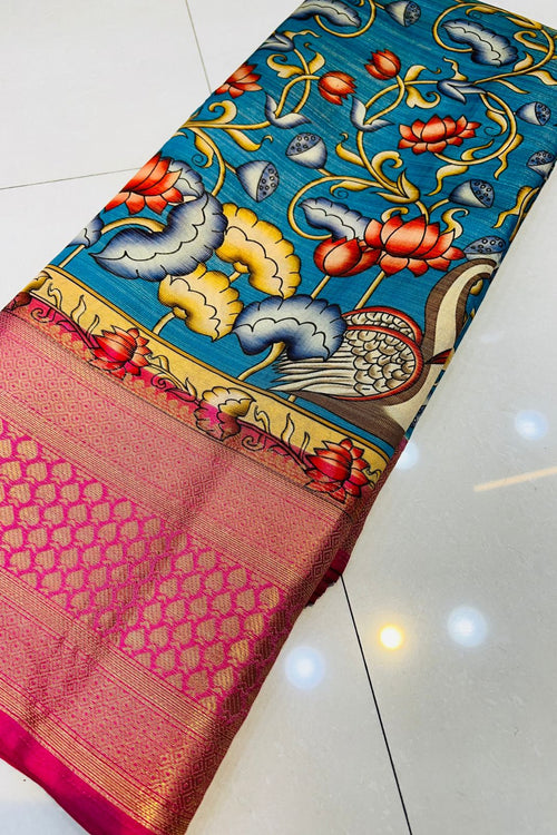 Load image into Gallery viewer, Lissome Blue Kalamkari Printed Saree With Ephemeral Blouse Piece
