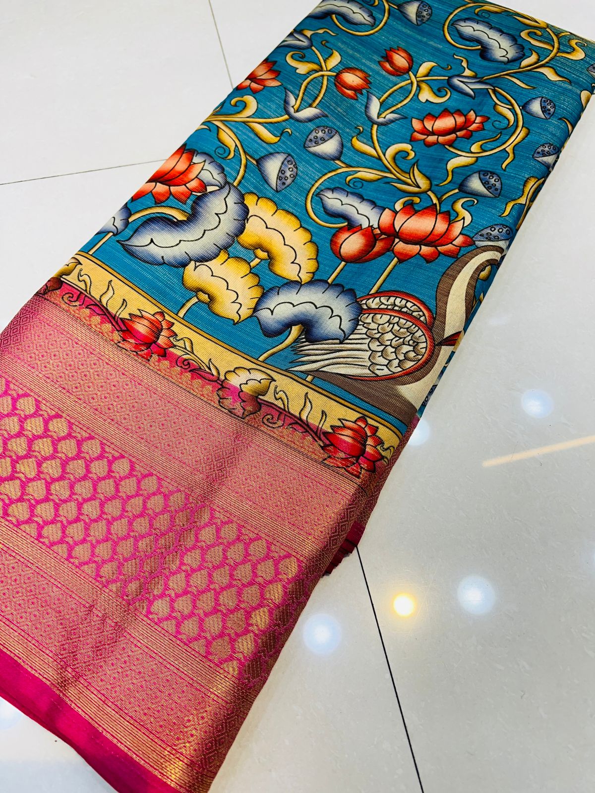 Multicoloured Satin Crepe Kalamkari Printed Saree - Urban Womania