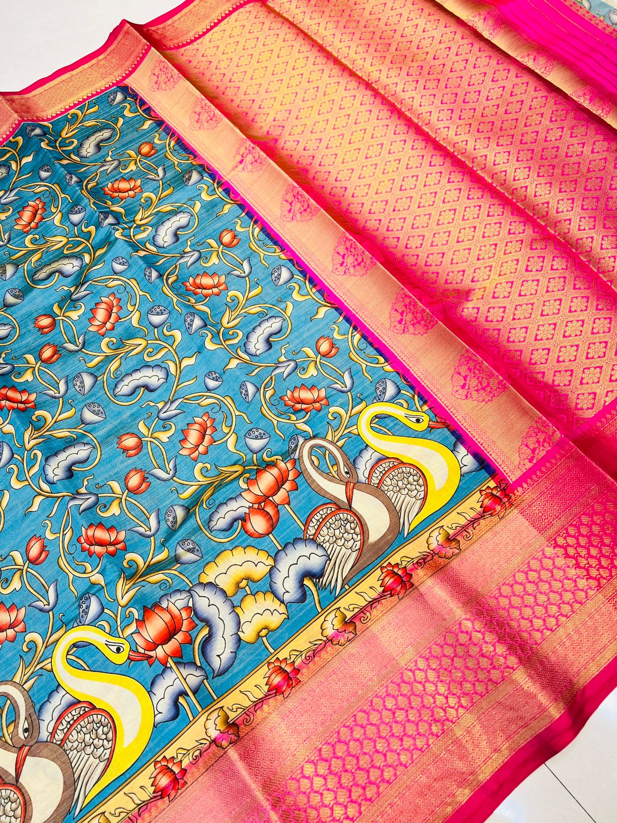 Lissome Blue Kalamkari Printed Saree With Ephemeral Blouse Piece