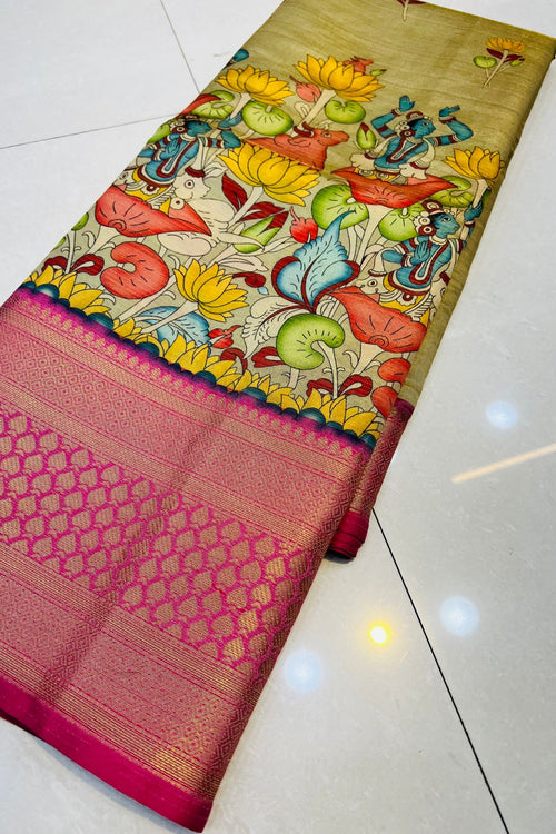 Load image into Gallery viewer, Preferable Beige Kalamkari Printed Saree With Hypnotic Blouse Piece
