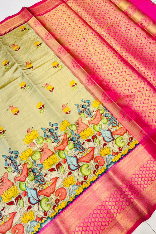 Load image into Gallery viewer, Preferable Beige Kalamkari Printed Saree With Hypnotic Blouse Piece
