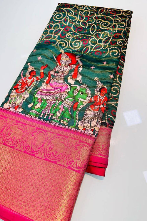 Load image into Gallery viewer, Smashing Dark Green Kalamkari Printed Saree With Supernal Blouse Piece
